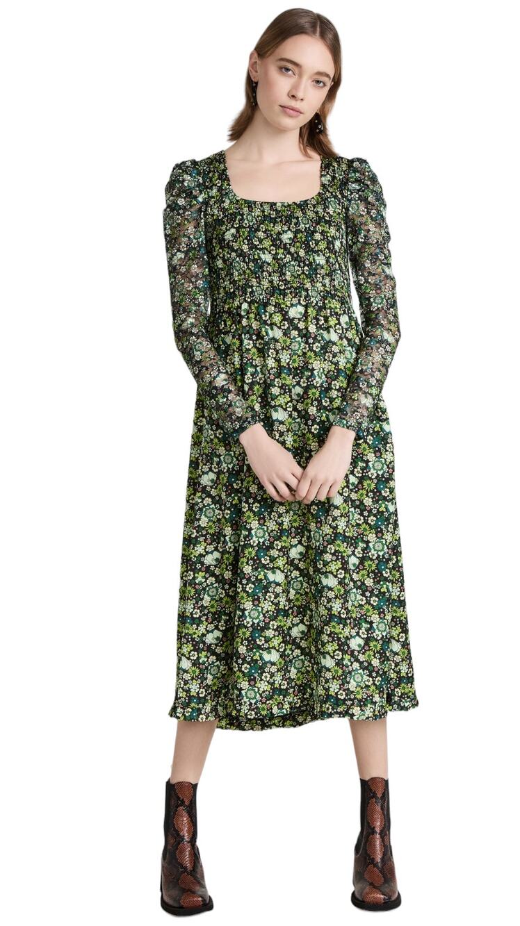 Scotch & Soda Green Floral Printed Lace Sleeved Midi Dress